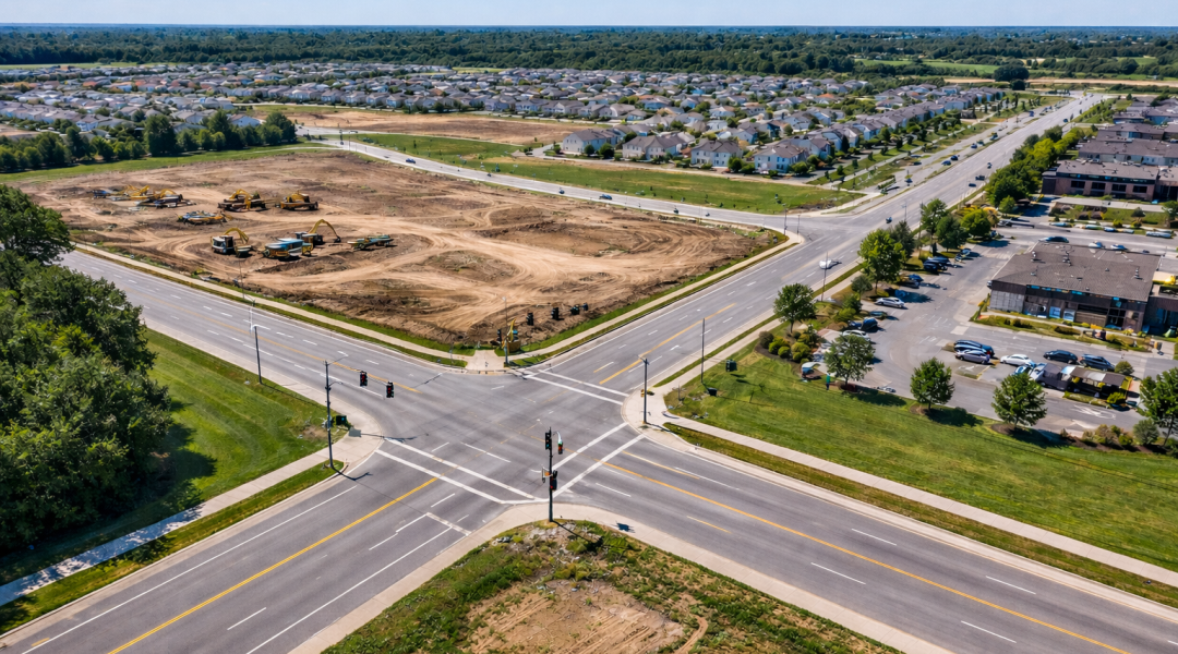 Suburban intersection and construction site view